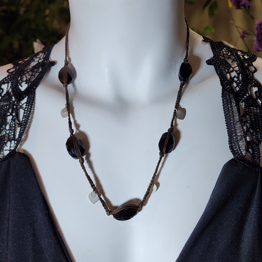Vtg Hand Knotted Smokey Amber Colored Glass Faceted Beads With Heart Charms
